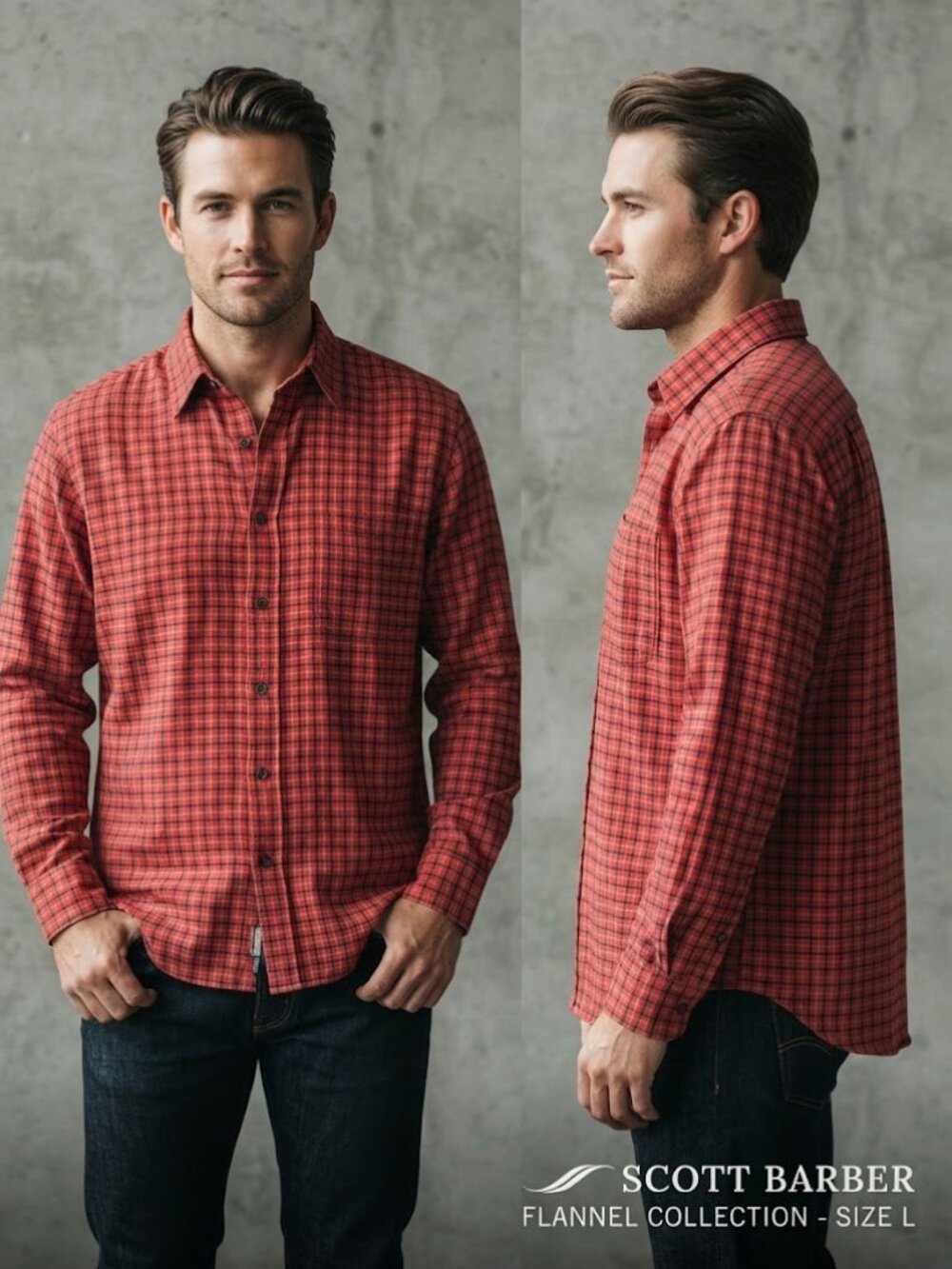 Scott Barber Flannel Red Blue Checkered Long Sleeves Polo Shirt Men's Size Large